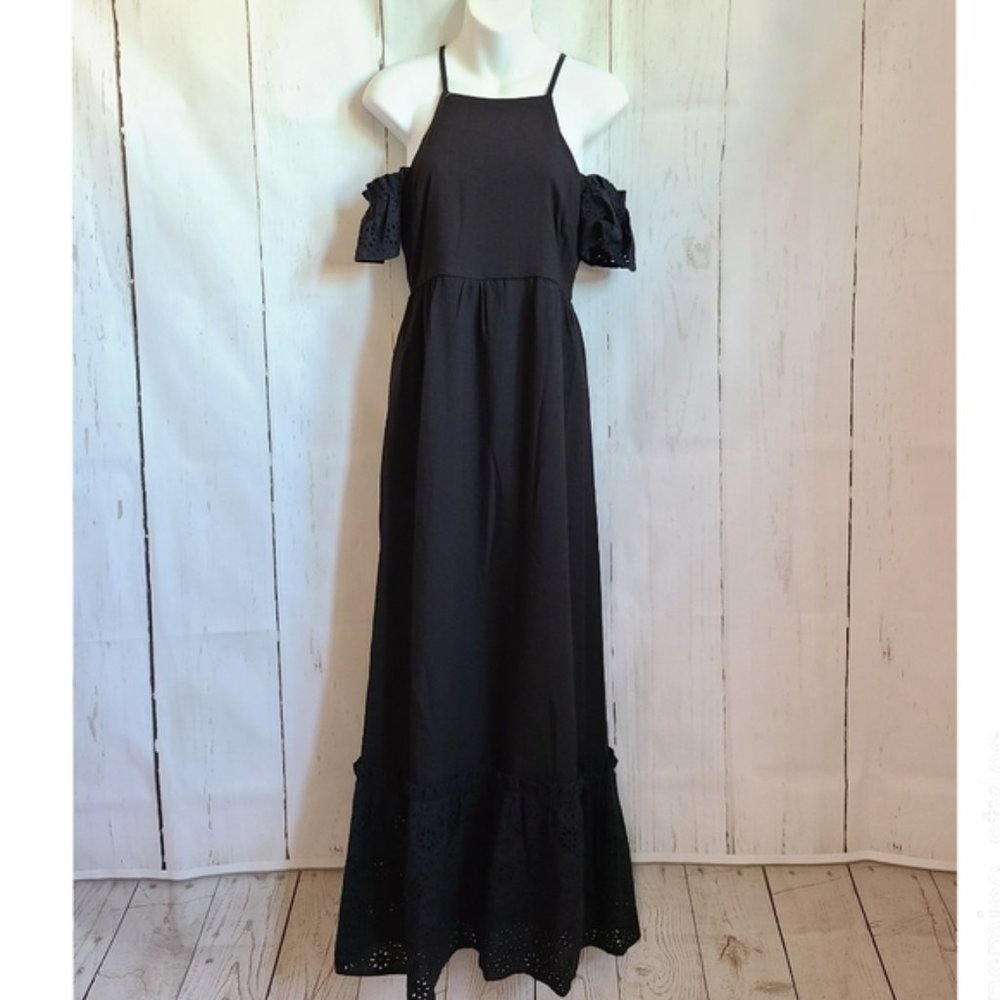 Sugarlips black halter maxi dress cottagecore new boutique cold shoulder eyelet